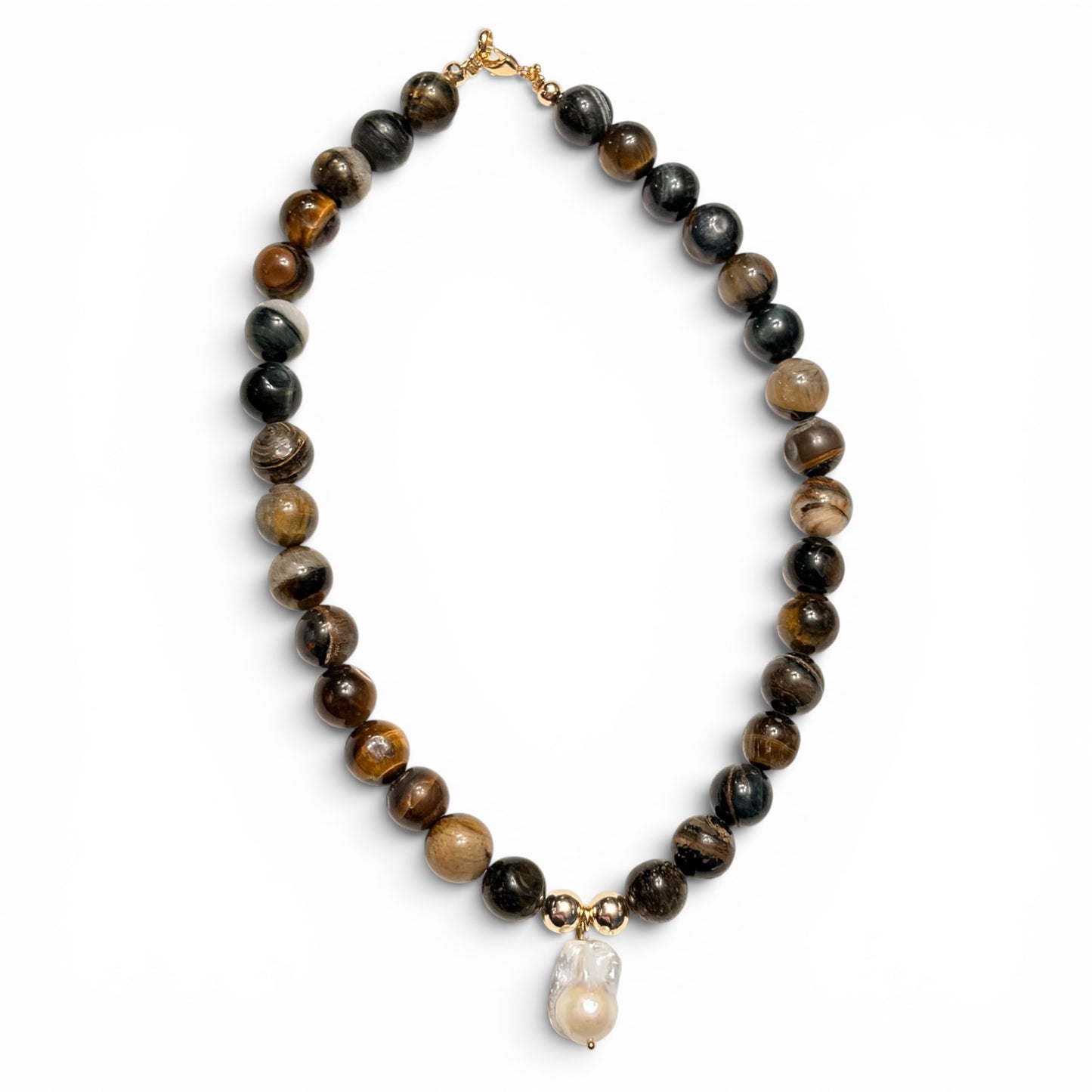 Gargantilla Chunky • Cuarzo Ojo de tigre  12 mm y Perla de rio
